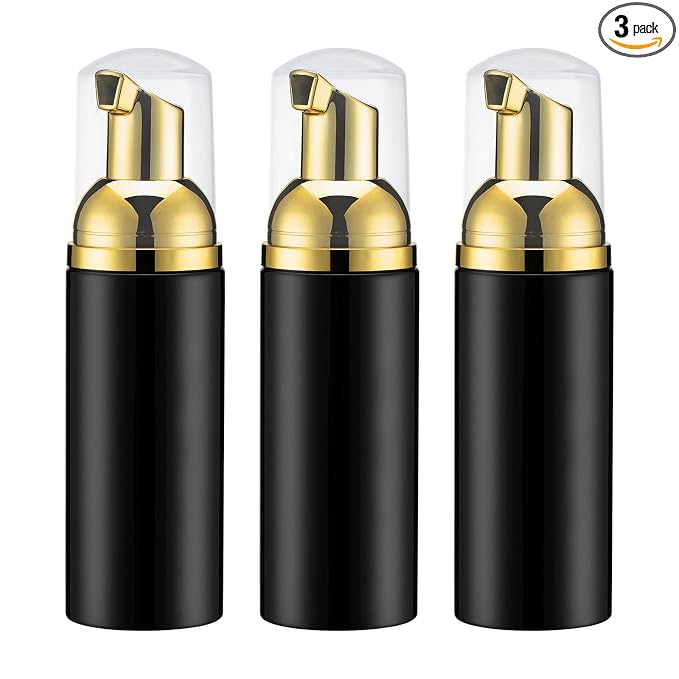 Travel Foam Pump Bottle - 2oz Small Size Foaming Hand Soap Dispenser - Mini Portable Mousse Lash Shampoo Kit Container for Hair - Empty Leak Proof Plastic Gold &Black Foamer 3Pack