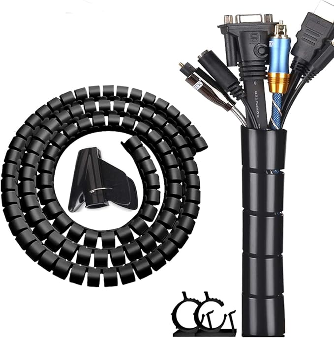 Black Computer Cable Management Sleeve Tube Under Desk Cord Organizer, 7/8 inch -5 ft Cover Wrap Easy to Install Messy Wire Solution for TV Office PC, Pet Chew and Bite Proof Cable Protector