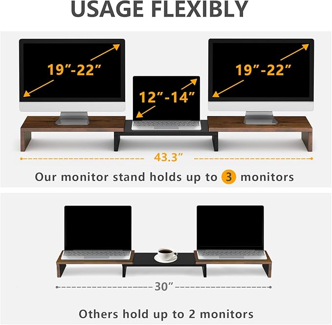 TAVR Dual Monitor Stand Riser, Wooden Computer Monitor Stand for 2 Monitors | Extra Long Multifunctional Desktop Organizer Riser for TV, PC Monitor, Laptop, Printer, Max 43.3" Length, Rustic Brown