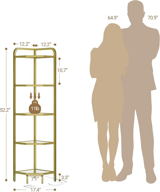 Hzuaneri Corner Shelf with LED Lighting, 6-Tier Glass Bookshelf | Steel Frame, Tempered Glass, Modern Style Corner Shelf, Suitable for Living Rooms, Bedrooms and Games Rooms
