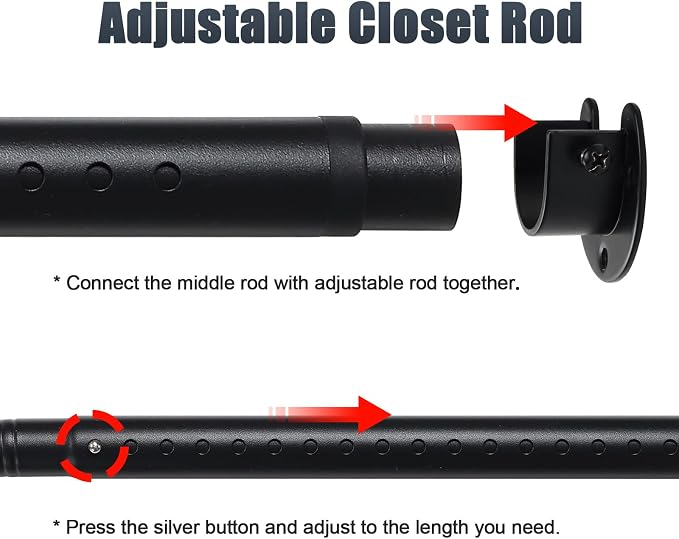 Closet Rods for Hanging Clothes, 16 to 84 Inches Closet Rod, Black Closet Hanging Rod, Adjustable Rod for Closet to Hang Clothes Heavy Duty Clothing poles for Closet, Wardrobes, Laundry, RV