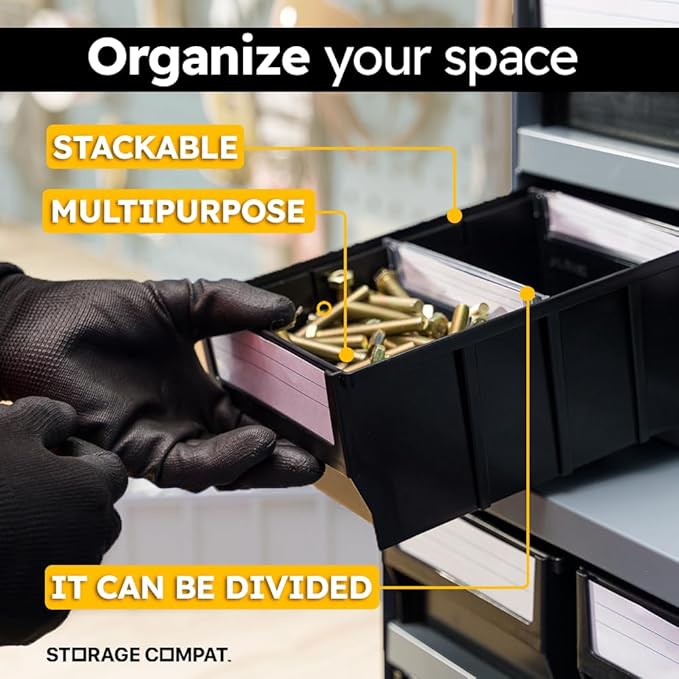 Storage Bin, Multibox RK401606 With 4 Dividers, Drawer Organizer, Multipurpose Plastic Stacking Container, Black, 16x4x6 Inches, Medium Size, 12 pack