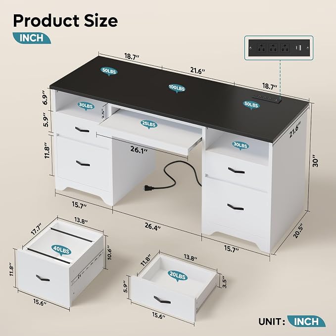 Bestier 59” Computer Desk with 4 Drawers, Charging Station, White | Office Desk with Storage, Modern Executive Desk with Keyboard Tray & Wooden Pedestals on Both Sides for Home Office & Studio