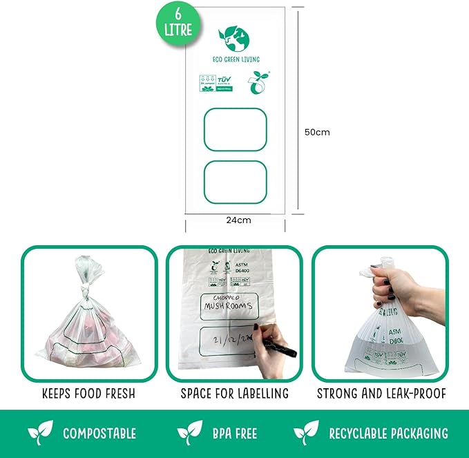 Eco Green Living 1.59 Gallons Food Storage Bags, Plastic Free Food & Freezer Bags, Tie Top Storage Bags with Labelling Space, Large Sandwich Bags, 80 Bags