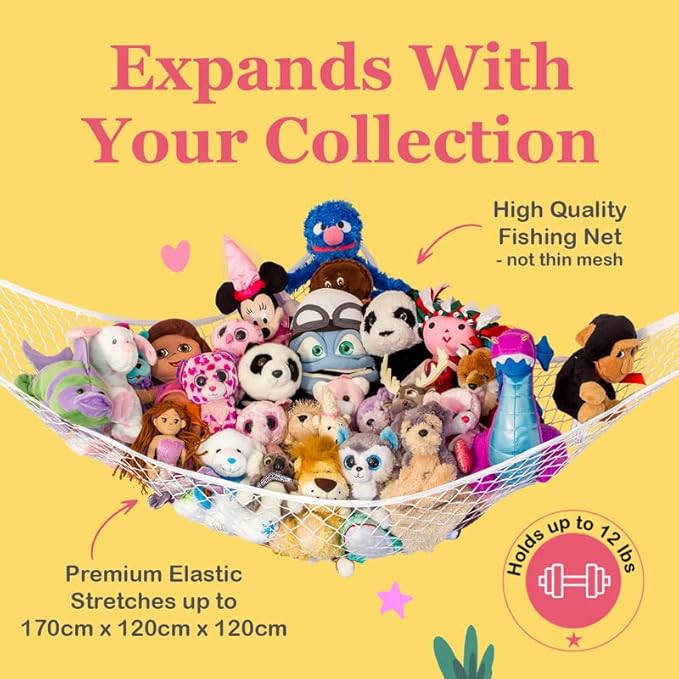 Lilly's Love Stuffed Animal Hammock | Corner Hanging Organizer, Toy Storage, Stuffed Animal Storage Net | Made from Quality Fishing Net, Holds 12lbs | 67"x47"x47" (Purple, 2 Pack)