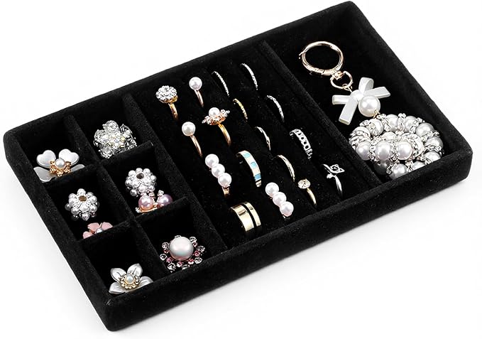 Jewelry Drawer Organizer Inserts Black Velvet Jewelry Tray Stackable Insert | Jewelry-Organizers and Storage for Drawers Drawer Inserts Earring Organizer for Women Storage Display Rings Stud Necklaces