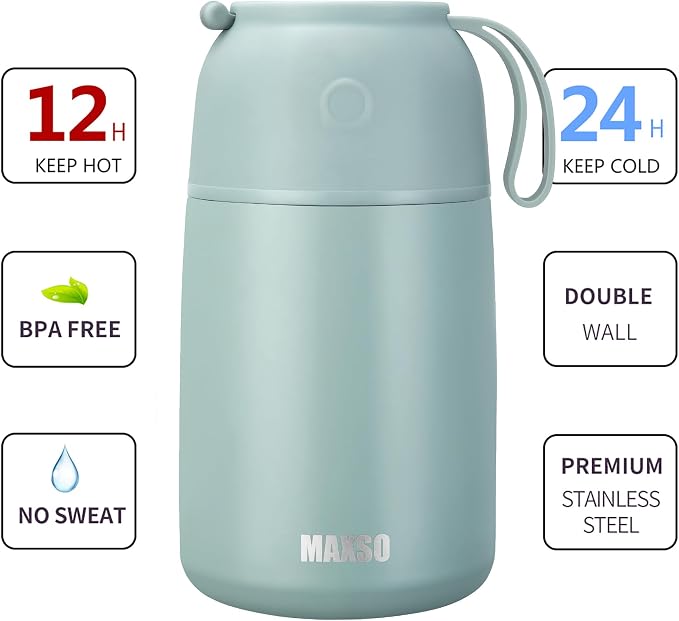 MAXSO 2 Pack Soup Thermo for Hot & Cold Food for Kids Adults, Vacuum Insulated Food Jar Thermal Lunch Containers, Travel Food Flask with Spoon (24 oz,17 oz) (Sage)