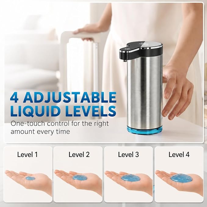 Automatic Liquid Soap Dispenser, Touchless Rechargeable Soap Dispenser for Kitchen & Bathroom, Stainless Steel, 4 Adjustable Liquid Levels, USB-C, Waterproof, 12oz/350ml