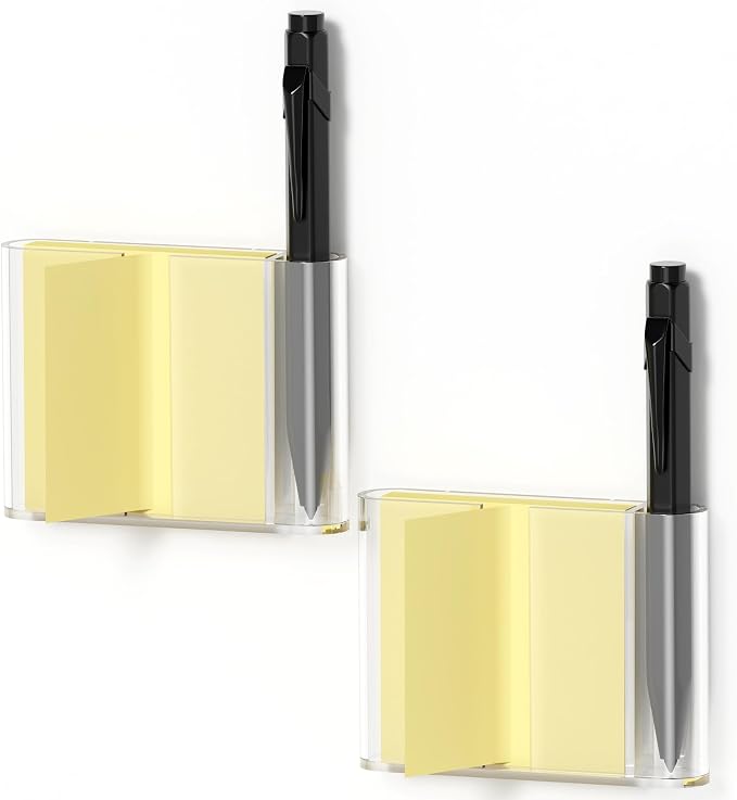 2 Pack Acrylic Sticky Note Dispenser, Magnetic Sticky Note Holder for Post It Notes, 3 x 3 Inch Sticky Note Pen Organizer for Office Home Classroom