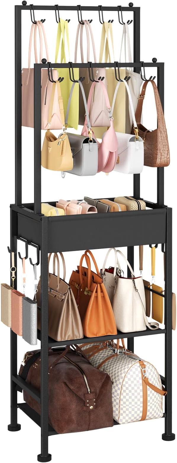 DIMJ Purse Organizer for Closet - Floor-standing Handbag Organizer Rack with 16 Hooks, Purse Storage Shelf Stand for Handbags, Totes, Wallets, Scarves, Bedroom Entryway and Walk-in Closet, Black