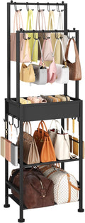 DIMJ Purse Organizer for Closet - Floor-standing Handbag Organizer Rack with 16 Hooks, Purse Storage Shelf Stand for Handbags, Totes, Wallets, Scarves, Bedroom Entryway and Walk-in Closet, Black