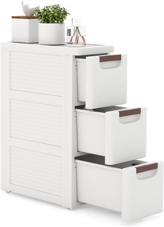 LOKO 3-Drawer Narrow Storage Cabinet, Slim Rolling Cart (7.5"x16.5"x22.5") | Mobile Plastic Cart Container | Pull Handles & Built-in Wheels | For Living Room, Kitchen, Bathroom, Office