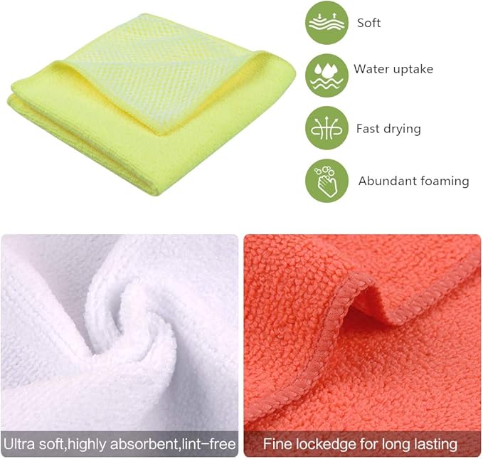 SINLAND Microfiber Dish Cloth Towels with Poly Scour Side Best Kitchen Cleaning Cloths Rags 12"x12" 5 Pack 5 Color Assorted (Pink+Blue+White+Yellow+Green)