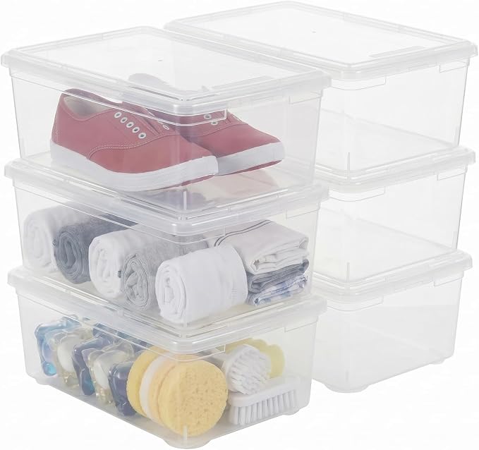Shoe Storage Box Clear Plastic Stackable Storage box with Lid Durable Closet Containers for Shoes, Crafts and Art Supplies (6 Pack)