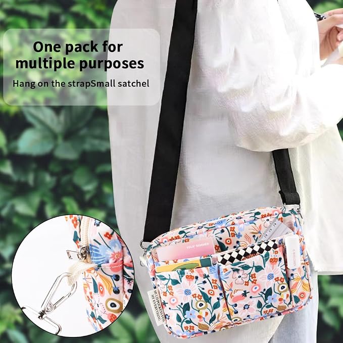 E-WEICHEN Multiple Pockets Portfolio Organizer with Zippered, Makeup Bag Travel Essentials for Women, Simple Waterproof Stationery Pencil Pouch Bag for Journal Office Art Supplies.Pink Flower