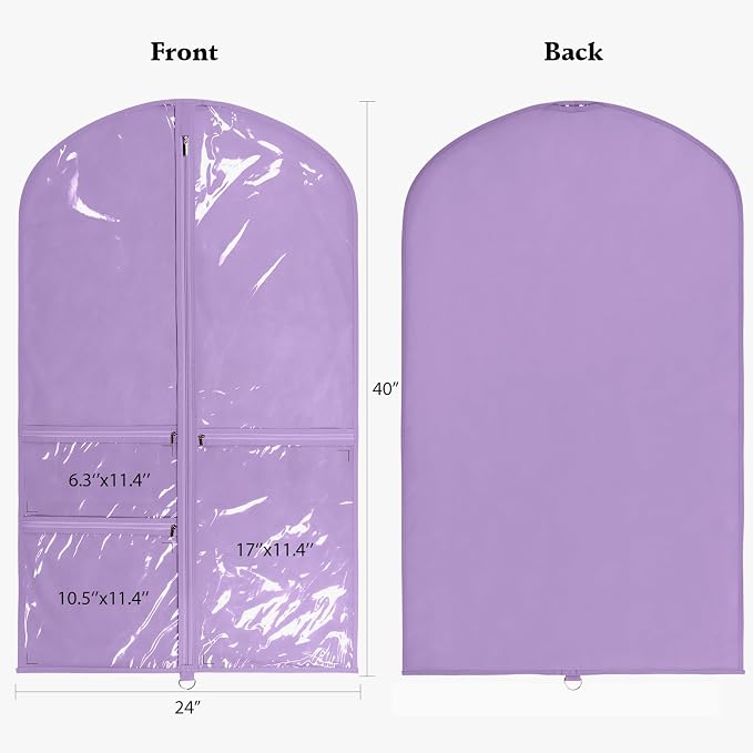 Univivi Kids Garment Bags for Dance Costumes With Full Zipper, Garment Bags for Hanging Clothes With 3 Medium Clear Zipper Pockets for Dance Costume Storage (Purple) - 8 Pack