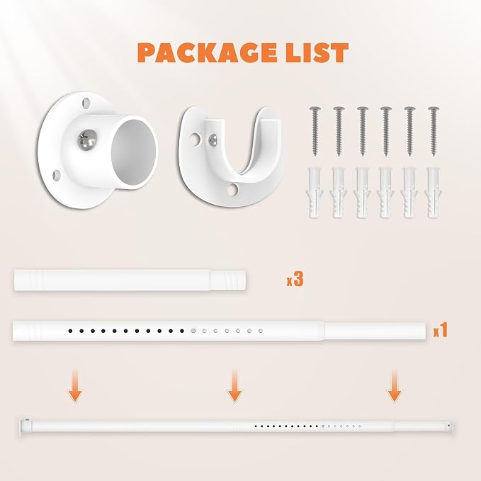 Metal Closet Rod 1.3" Heavy Duty Adjustable Hanging Rod 17-63 Inch | White, Stainless Steel, 1.3 Inch Diameter, Wall Brackets Included, For Hanging Clothes, Walk-In Closets, Laundry Rooms