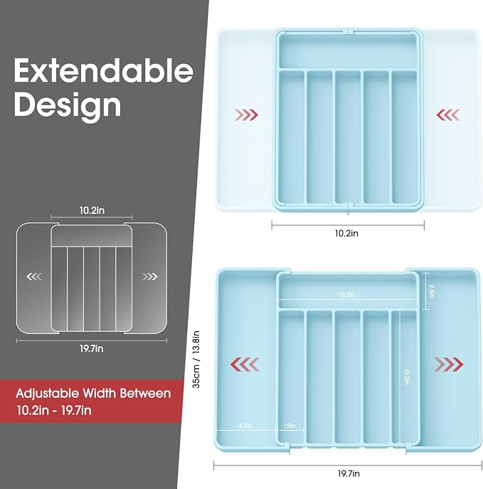 Aujen Silverware Organizer - Expandable Kitchen Drawer Organizer, Adjustable Utensil Organizer, Cutlery Tray for Forks, Knives, Multipurpose Kitchen Organizers and Storage Solution, Blue, Large