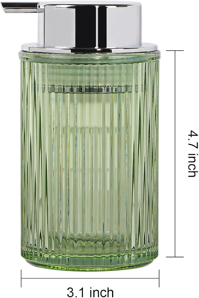 Foaming Soap Dispenser, Bathroom Green Glass Foam Soap Dispenser, Refillable 12 Oz Foam Pump Bottle Container with Silver Pump, Decorative Slim Ribbed Dish Soap Dispenser for Kitchen
