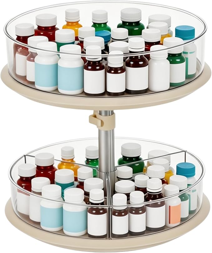 2 Tier Lazy Susan Turntable Organizer for Medicine Cabinet, 11 Inch White Rotating Spice Rack for Countertop, Pantry, Bathroom, Clear Large Storage for Bottles and Jars