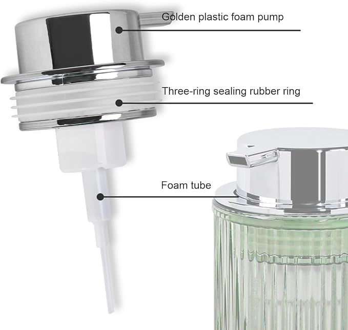 Foaming Soap Dispenser, 12 Oz Thick Glass Foam Hand Soap Dispenser, Refillable Glass Foam Pump Bottle Container Decorative Slim Ribbed Bottle for Bathroom and Kitchen (2, Green Silver)