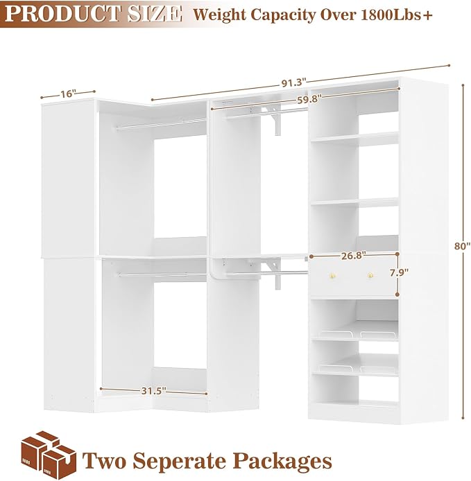 Armocity Closet System Set of 2 - Corner Closet Organizer System with Drawer/9 Shelves/4 Hanging Rods, 91.3" L-Shaped Walk-In Wardrobe Organizer, 1800+ lbs Capacity, White