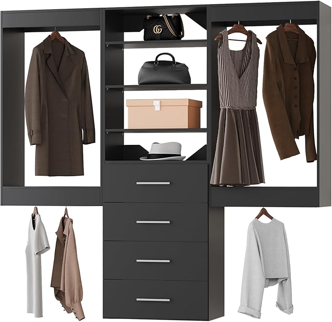 ROOMTEC Modular Closet System, 60" Wall-Mounted Closet Organizer with Drawers and Hanging Rods, Wooden Tower for Walk-In Closets, Wardrobe Storage Kit, Black