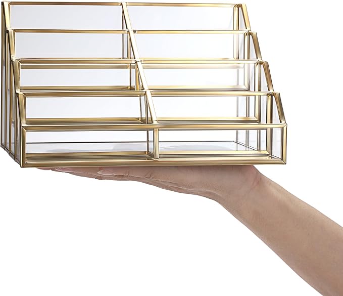 Hipiwe Mirrored Glass Business Card Holder Gold Business Card Display Stand for Desk Multiple Clear Business Card Holder Display for Office Desktop Cards Display Stand for Women Men, 8 Slots