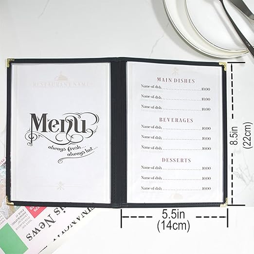 Goodsmart Restaurant Menu Covers – 25 Pack Black 4-View, Side-Loading Menu Holders, Vinyl & Plastic Café Menu Covers, Clear Menu Sleeves, Fits 5.5" x 8.5", Leather-Style Design, Gold Corners