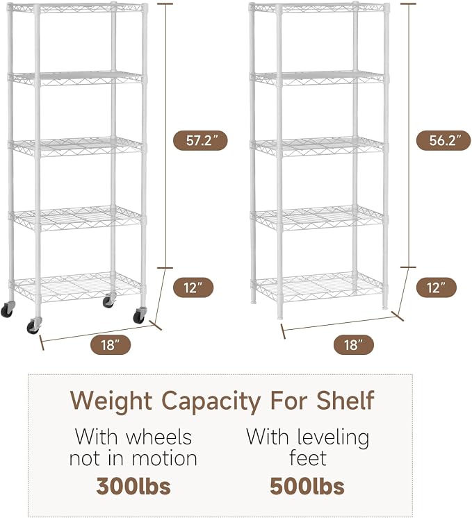 Golpart Small Shelves Storage Wire Metal Adjustable Shelf Unit with Wheels | 5 tier Shelving Organizers Storage Shelving for Bathroom Laundry Room Kitchen Pantry 11.7”D x 17.7”W x 57.2”H White