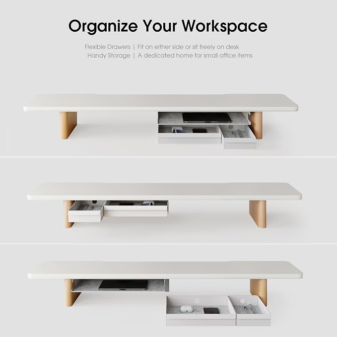 Fenge 42.5" Monitor Stand with Storage Drawers, Minimalist Monitor Riser with Solid Ash Legs and Cable Management, Wooden Desk Shelf for Home Office Workspaces, White