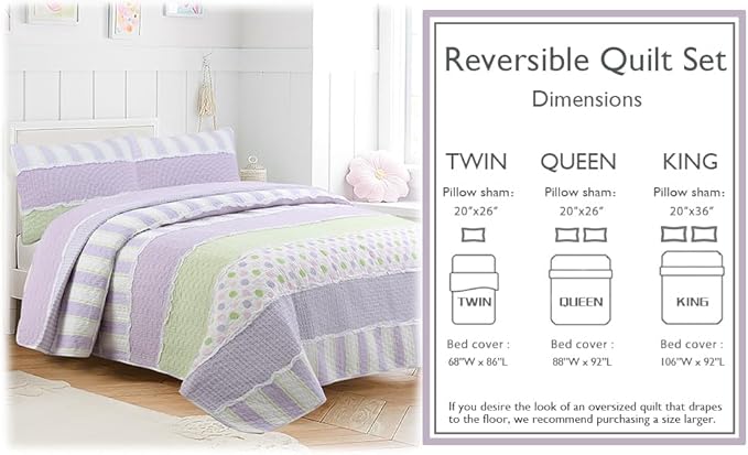 Cozy Line Lavender Green Stripe & Purple Dots Quilt Set – 3-Piece 100% Cotton Reversible All-Season Bedspread with Shams, Girls Kids Bedroom Décor, Queen