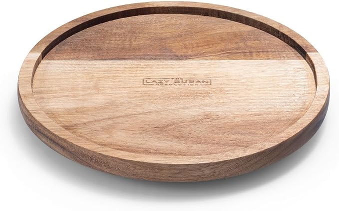 9" Acacia Wood Lazy Susan Revolution Turntable w/Rim – Rotating Tabletop Organizer for Spices, Kitchen, Counter or Pantry, 360° Turnable, Rustic Look