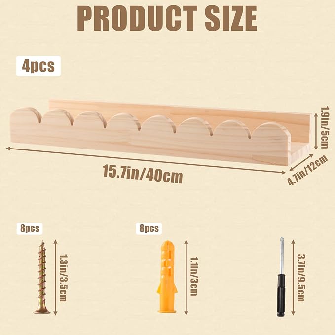 4 Tiers Spice Rack Wall Mounted, Scalloped Kitchen Storage Village Style Display Shelf, Vintage Spice Jar for Living Room, Bedroom, Shelf Only, 15.75 x 4.72 x 1.9 Inches