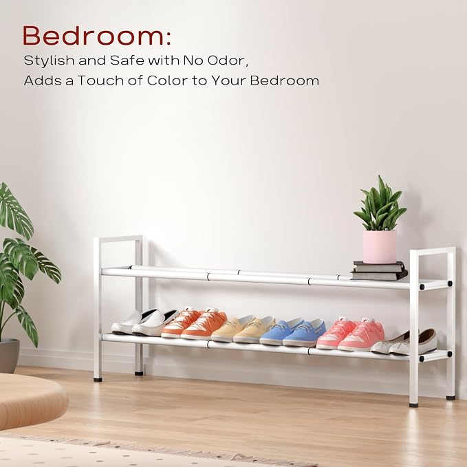 Bumusty 2-Tier Long Expandable Shoe Rack for Closet, 18"-44" Adjustable Shoe Rack for Entryway, 10-12 Pairs Large Shoe Organizer Shelf Storage, Sturdy Metal, White