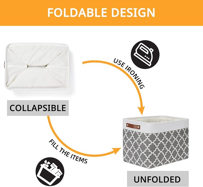 DULLEMELO Foldable Nursery Storage Baskets Canvas Storage Bins for Organizing 2 Pack Collapsible Home Organizer With Leather Handles (White&Lattice Grey)