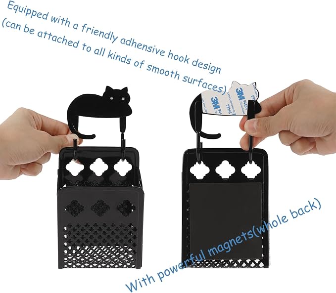 2 Pack Magnetic Pen Holder, Strong Magnet Dry Erase Marker Holder | Metal Mesh Pencil Organizer Hanging Pencil Holder for Refrigerator, Whiteboard, Locker Accessories, with Hook, Black