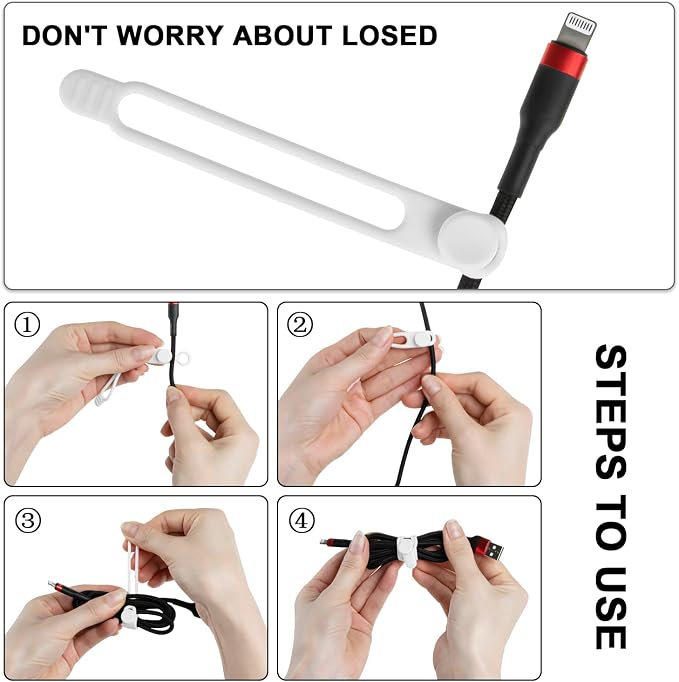 16Pcs Silicone Cable Ties Cord Organizer for Bundling Earphone, Phone Charger, Computer Cords, Reusable Wire Cable Management in Home,Office,Kitchen,School,Travel (White)
