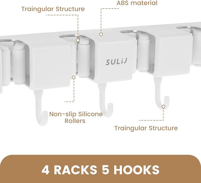 2Pcs Broom Holder Wall Mount, No-Drilling Self-Adhesive Mop and Broom Storage Rack with Hooks (4 Racks with 5 Hooks), Wall-Mounted Broom Hanger for Bathroom, Kitchen, Closet, Garage (White ﻿)