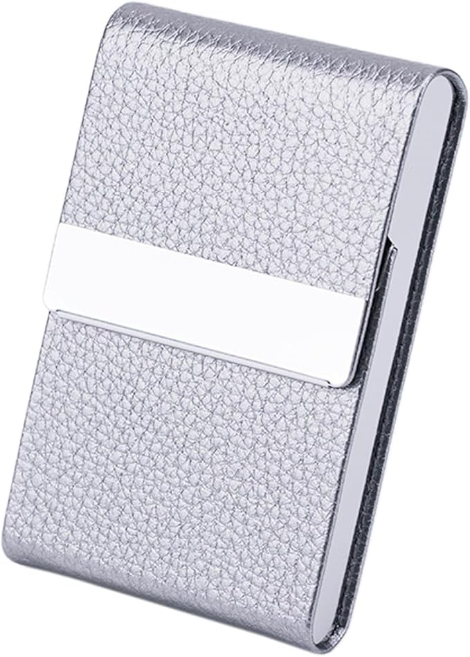 Business Card Holder with Ultra Slim Design,Business Card Case with Premium PU Leather, Suit Pocket Metal Card Holder for Women/Men,Professional Name Card Holder with Magnetic Shut (Silver)