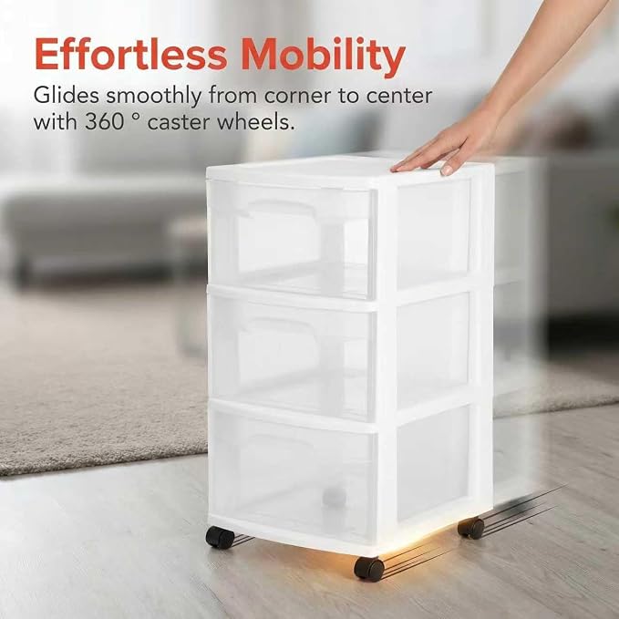 3 Drawer Plastic Storage Cart, Clear Rolling Home Office Organizer WHITE | Removable wheels switch between rolling mobility & stationary stability for any room.