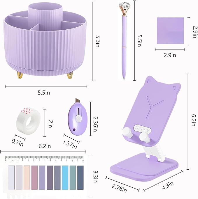 Office Supplies,Desk Accessories,with Stapler,Tape Dispenser,Staple Remover,Scissor,Ballpoint Pen,Sticky Notes,Clear Tape,Staples,Desk Organizer,Phone Stand,Binder,Index Tabs,Best Gift Set(Purple)