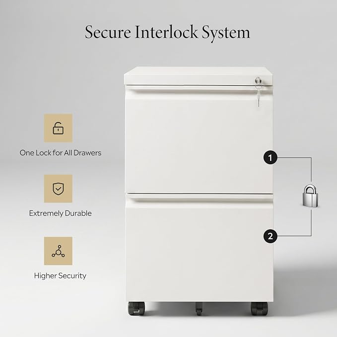 DEVAISE 2 Drawer Mobile File Cabinet with Lock, Commercial Vertical Metal Filing Cabinet for Home Office, Fully Assembled Except Casters, White