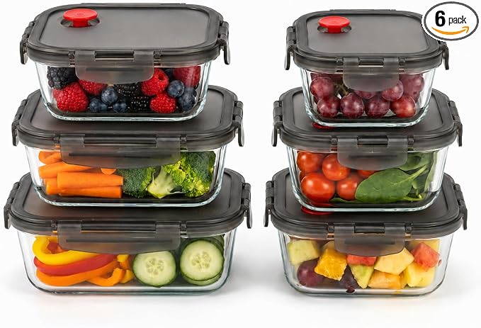 Borosilicate Glass Airtight Food Storage Containers with Vented Lids, Assorted Set of 6 (3 Rectangular & 3 Square)