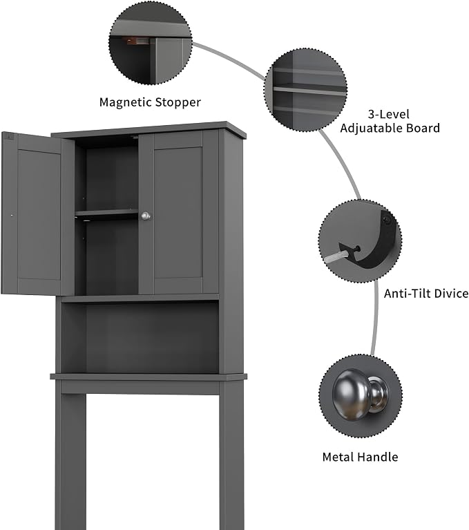 Shintenchi Over the Toilet Storage Cabinet, Bathroom Shelf Organizer with Anti-Tip Device Small Freestanding Space Saver with Adjustable Shelf, Gray