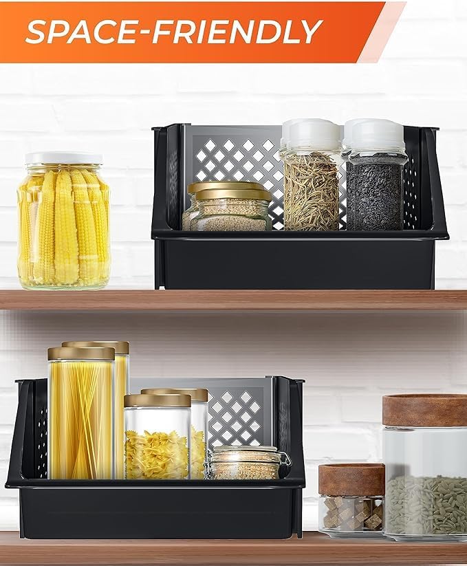 TidyFriend Plastic Stackable Bins for Pantry, 6 Pack Large Stacking Bins Open Front Kitchen, and Bathroom Organization, Open Front Design (Black)