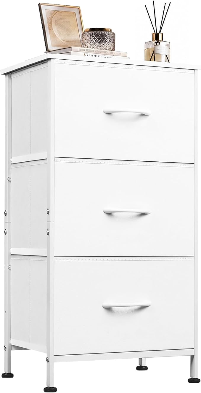 WLIVE Nightstand with 3 Drawers, Fabric Dresser, Organizer Unit, Storage Dresser for Bedroom, Hallway, Entryway, Closets, Sturdy Steel Frame, Wood Top, Easy Pull Handle, White