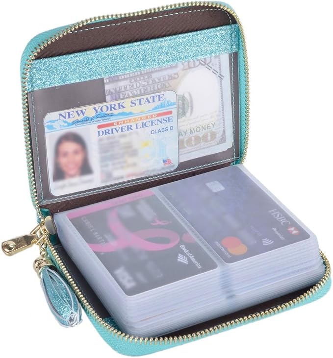 Easyoulife Womens Credit Card Holder Wallet Zip Leather Card Case RFID Blocking (Glitter Teal)