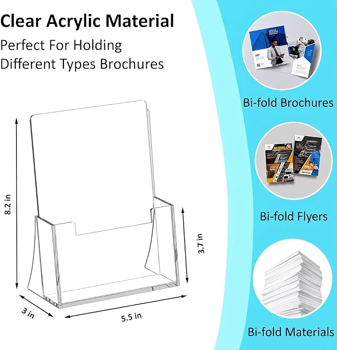 Acrylic Brochure Holder 8.5 x 5.5 Inch 4 Pack, Clear Acrylic Bi-fold Flyer Holder, Brochure Display Stands for Pamphlets, Magazines, Leaflets, Literatures, Booklets, Desk Holder, Countertop Organizer