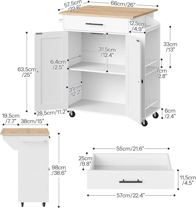 HOOBRO Kitchen Island with Drop Leaf, Rolling Kitchen Island Cart on Wheels | Kitchen Island on Wheels with Drawer & Spice Rack, Island Table with Adjustable Shelves, Kitchen Storage Cart wtih Towel Rack